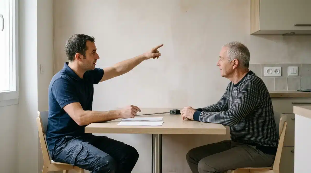 Artisan et particulier assis autour d'une table de cuisine, échange avant la signature du devis