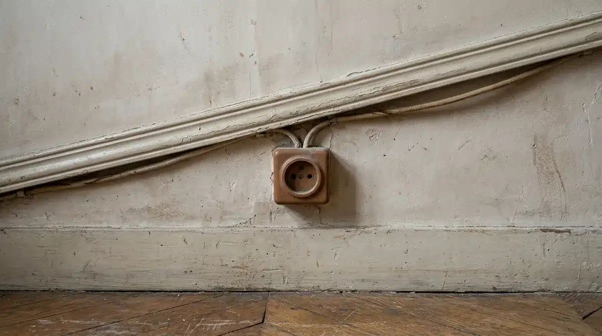Ancien câblage sous moulure bois et vieux socle de prise sur un mur de maison ancienne